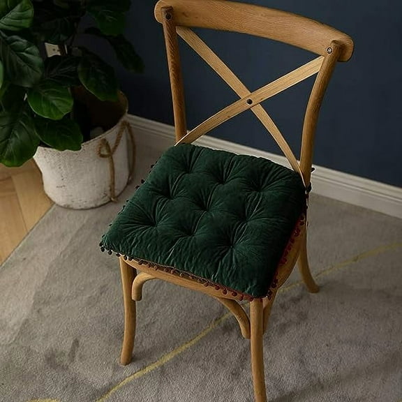 Namzi Velvet Soft Square Chair Pad with Ties Cute Gradient Indoor Dining Chairs Cushion (Dark Green, 16" x 16")