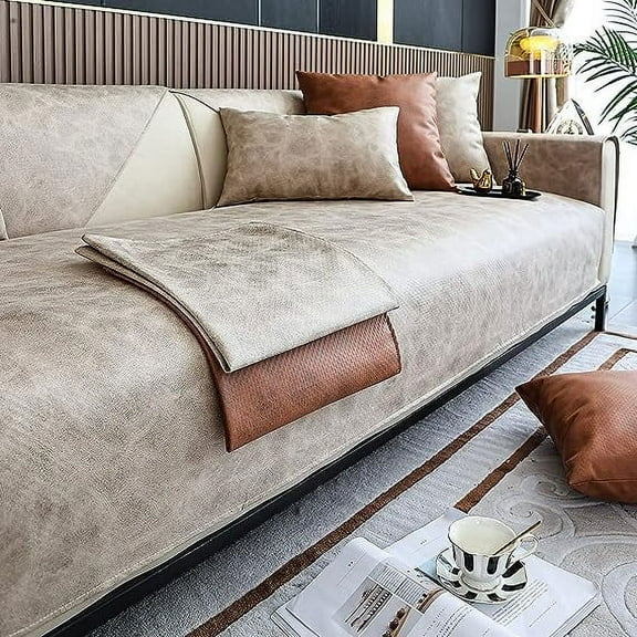 Namzi Vintage Faux Pu Leather Sofa Cover Waterproof Non-Slip Sectional Couch Cover Sofa Slipcover for Dogs, Children, Pets Furniture Protector (Beige,36"x70")