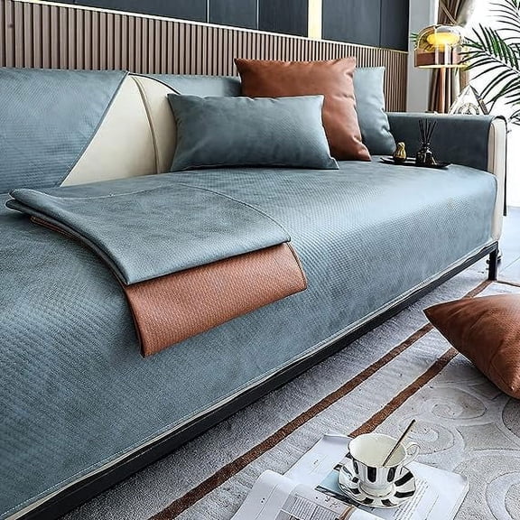 Namzi Vintage Faux Pu Leather Sofa Cover Waterproof Non-Slip Sectional Couch Cover Sofa Slipcover for Dogs, Children, Pets Furniture Protector (Blue,28"x28")
