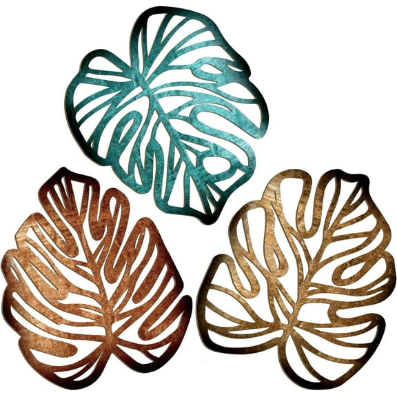 Namzi Wall Sculptures 3 Pcs Wooden Wall Art 30x25x0.5cm Palm Leaves Tropical Leaf Decor, Boho/Plant Wall Decor for Kitchen, Bedroom, Living Room,Blue,Brown,Light Brown
