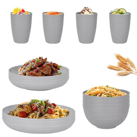Namzi Wheat Straw Dinnerware Set, Unbreakable Plastic Dish Set, Eco-Friendly Tableware for Home & Outdoor Use,16-Piece Grey