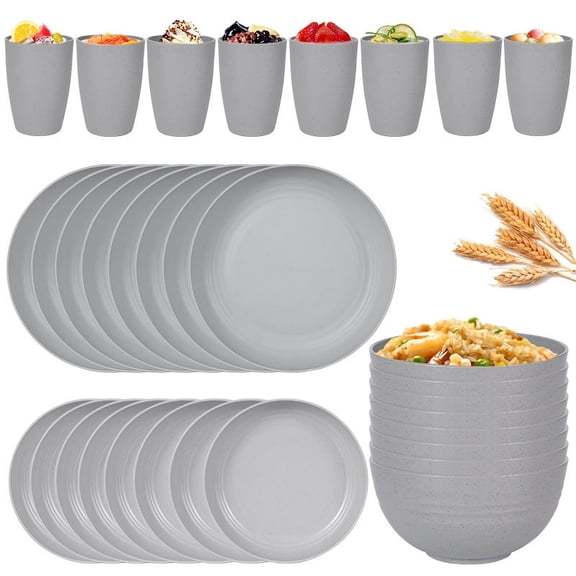 Namzi Wheat Straw Dinnerware Set, Unbreakable Plastic Dish Set, Eco-Friendly Tableware for Home & Outdoor Use,32-Piece Grey