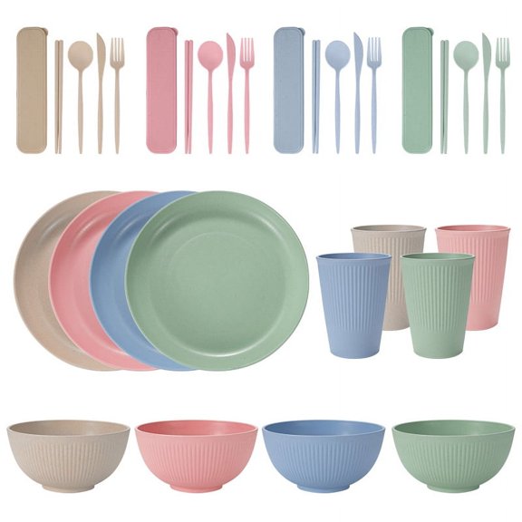 Namzi Wheat Straw Dinnerware Set, Unbreakable Plastic Dish Set, Eco-Friendly Tableware for Home & Outdoor Use,32-Piece Light colour multicolour