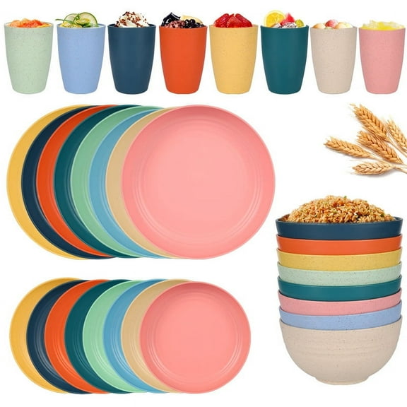 Namzi Wheat Straw Dinnerware Set, Unbreakable Plastic Dish Set, Eco-Friendly Tableware for Home & Outdoor Use,32pcs Multicolour