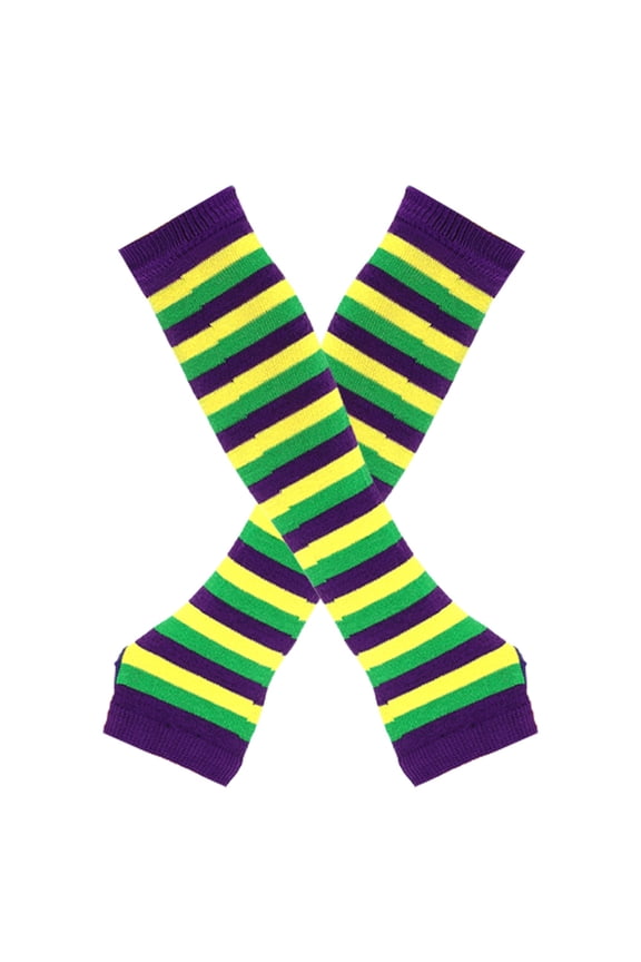Women Striped Long Fingerless Gloves, Winter Knitted Arm Warmers For Punk Rock/Cosplay/Goth/Christmas Party -Black Green Yellow