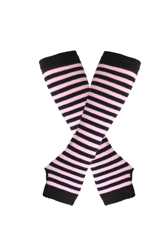 Women Striped Long Fingerless Gloves, Winter Knitted Arm Warmers For Punk Rock/Cosplay/Goth/Christmas Party -Black Pink