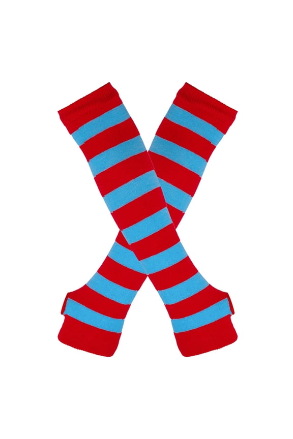 Women Striped Long Fingerless Gloves, Winter Knitted Arm Warmers For Punk Rock/Cosplay/Goth/Christmas Party -Blue Red