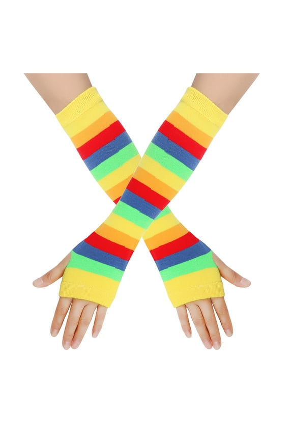 Women Striped Long Fingerless Gloves, Winter Knitted Arm Warmers For Punk Rock/Cosplay/Goth/Christmas Party -Style D