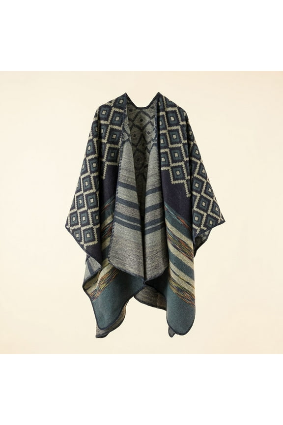 Women's Vintage Pattern Open Front Poncho Cape Shawl Winter Shawl WrapsNavy Blue