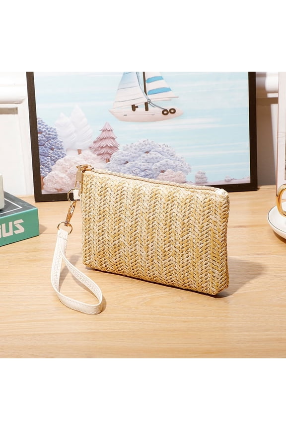 Women's Woven Shoulder Bag Woven Tote Bag and Cosmetic Bag,Summer Beach Weaving Chic Woven Tote Handbags Shoulder Bags 7.08*0.78*4.33inch (Light Khaki)