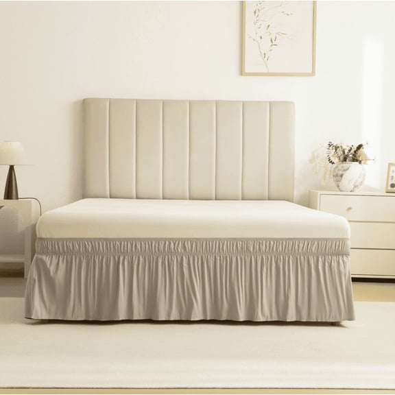 Namzi Wrap Around Bed Skirt Elastic Dust Ruffle Bed Frame Cover, Fits Full Bed 54x75in, Polyester Wrap with 15in Drop, 1pc,Light Grey Brown