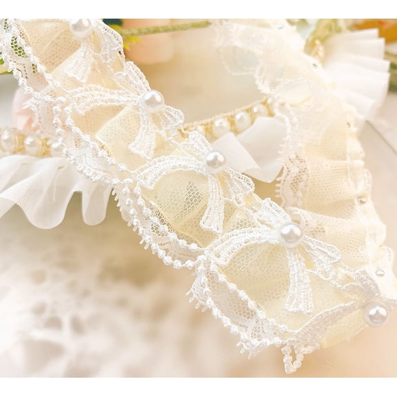 Namzi Yellow Polyester Beaded Lace Trim 180x1.38In 1 Pack, DIY Fabric Ruffle Mesh Ribbon for Clothing Craft Decoration Textile Accessory