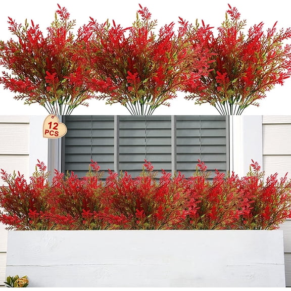 Namzi -a Artificial Outdoor Plants 12 PCS Fake Cedar Plants Plastic Faux Pinetree Stems Greenery Shrubs UV Resistant Colorfast (Red)