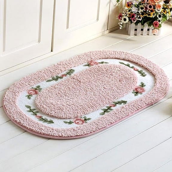 Namzi -a Elegant Rose Flower Bathroom Rugs Bath Mat Door Mat Kitchen Welcome Mat Soft Non Slip Absorbent Rug Oval Pink 16" X 24"