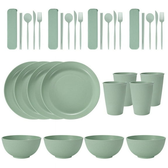 Namzi -a Wheat Straw Dinnerware Sets, 32-Piece Plates and Bowls Sets, Cutlery, Microwave Safe Unbreakable Dinnerware for Parties, Picnic, College Dorm, Camping Light Green