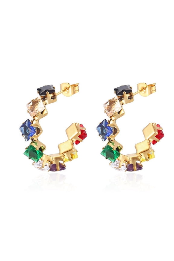 -a suitable for both men and women, stainless steel cubic zirconia earrings, simple and fashionable titanium steel rainbow diamond earrings (color)