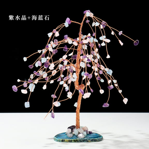 Namzi-b: 1 piece of blue+purple natural stone hanging willow tree, wealth tree, life tree, energy tree, crushed stone, natural stone tablet, base craft, creative decoration ornament