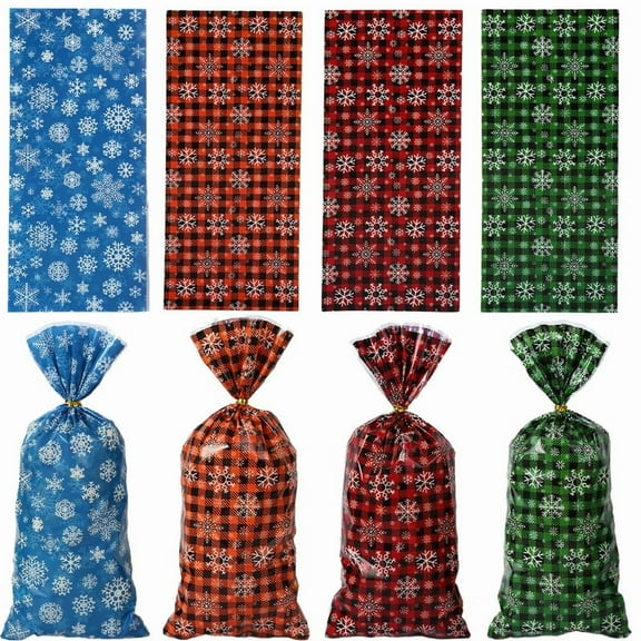 Namzi-b 150pcs Christmas Cellophane Candy bags, Xmas Cello Treat Goody Bags with Ties for Christmas Holiday Party Favors,Four mixed hair styles A