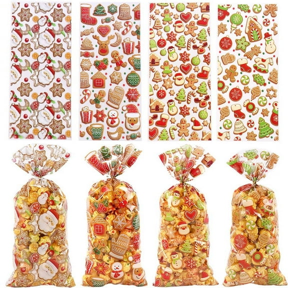 Namzi-b 150pcs Christmas Cellophane Candy bags, Xmas Cello Treat Goody Bags with Ties for Christmas Holiday Party Favors,Four mixed hair styles D