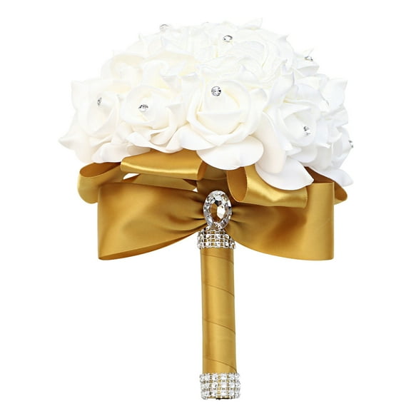 Namzi-b Artificial Rose Wedding Bouquet Gold Flowers Bridesmaid Toss Bouquet with Diamond Ribbons Fake Flower Hand Bouquets for Wedding, Engagement, Church