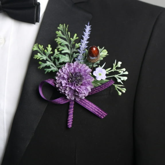 Namzi-b Pack of 2 Brooch Bouquet Corsage Classic Artificial Groom Bride Flowers with Pin Suit Decoration Boutineers for Men Wedding, Prom, Party,Homecoming,Purple A