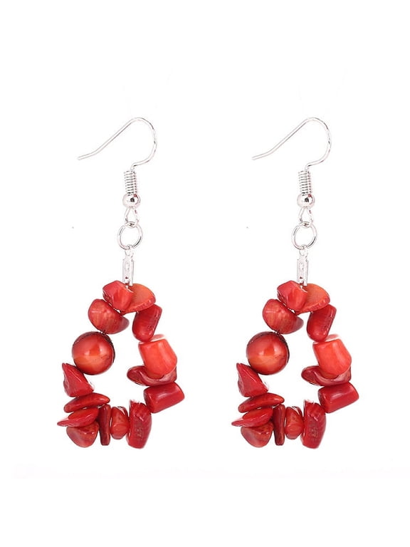 Personalized Natural Stone Earrings, Irregular Natural Stone Beads Hanging Earrings (Red)