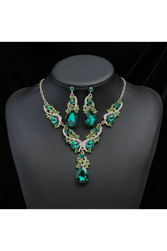 Rhinestone Bridal Jewelry Sets for Women Crystal Necklace Earrings Jewelry Sets for Wedding Bridal Bridesmaid Gifts Evening Party Prom Jewelry Set-Green