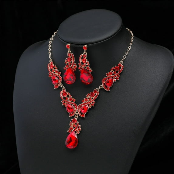 Namzi-b Rhinestone Bridal Jewelry Sets for Women Crystal Necklace Earrings Jewelry Sets for Wedding Bridal Bridesmaid Gifts Evening Party Prom Jewelry Set-Red