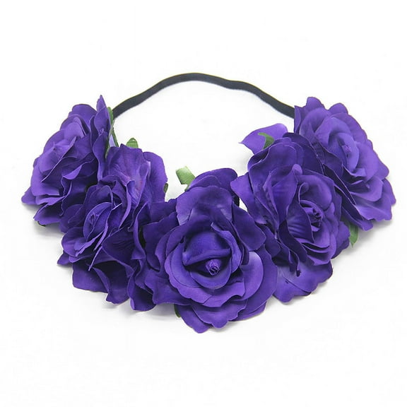 Namzi-b Rose Flower Crown Wedding Festival Headband Hair Garland Wedding Headpiece (Dark Purple)