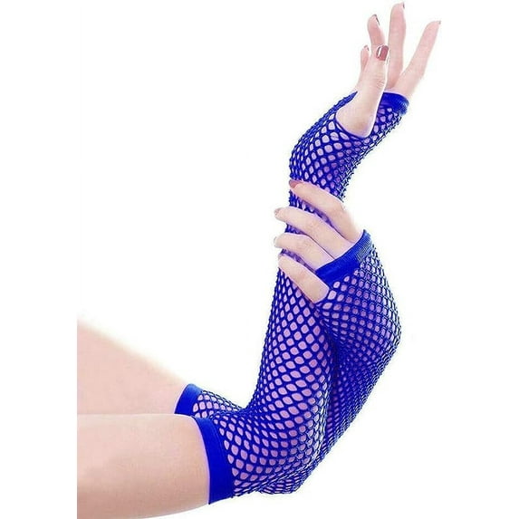 Namzi-b Women Fishnet Fingerless Gloves, Elbow Length Long Gloves,Hollow Fishnet Gloves for Punk Performance, Blue