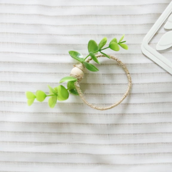 Namzi-b simulation green plant napkin buckle home hotel table napkin ring hemp rope wooden bead napkin ring (hemp rope dark green)