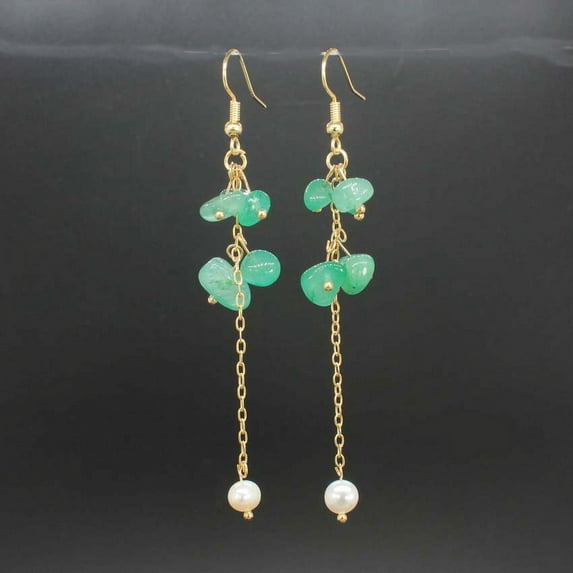 Namzi-b suitable for both men and women, natural crushed stone crystal pearl tassel earrings, long crushed stone earrings (green)