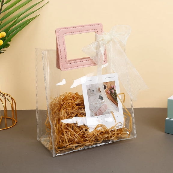Namzi gift, flowers, gift box packaging bag, transparent PVC handbag, wedding companion gift bag, June 1st gift bag (pink small handle, extra small size)