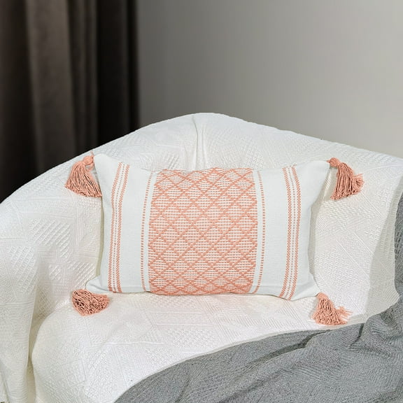 Namzi home decoration pillow, rectangular jacquard tassel pillow, simple and thickened sofa decoration pillow (pink)