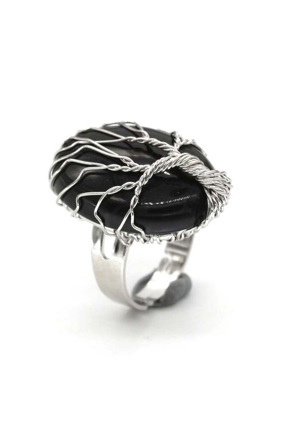 natural handmade ring, suitable for men and women to wear, hand wrapped oval natural stone life tree ring, adjustable opening ring (black)