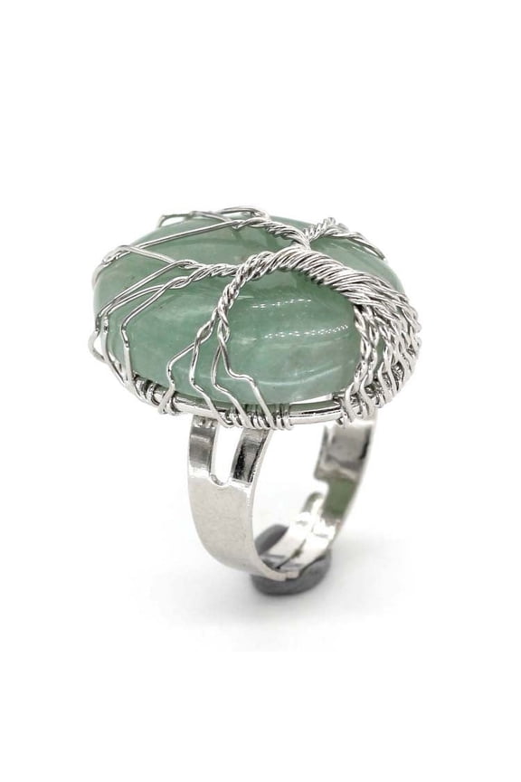 natural handmade ring, suitable for men and women to wear, handcrafted circular natural stone life tree ring with adjustable opening (green)