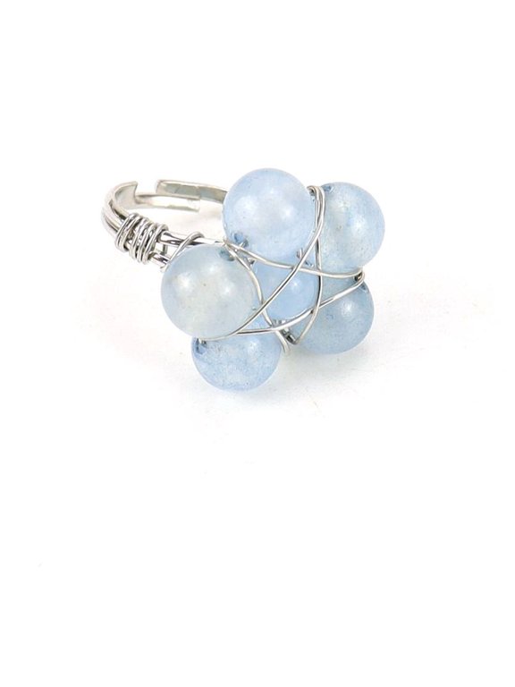 natural handmade ring, suitable for men and women to wear, silver handwound natural stone round bead flower ring with adjustable opening (light blue)