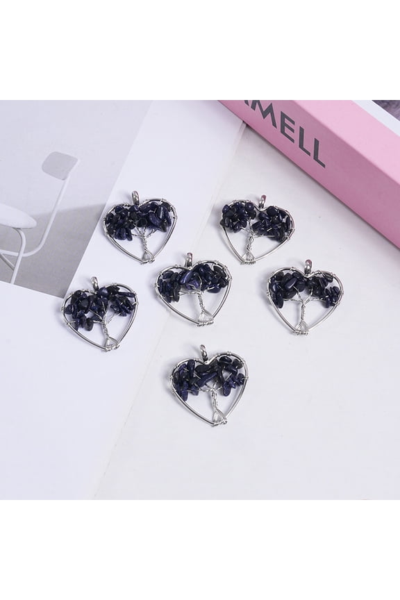 necklace pendant suitable for men and women, handcrafted, natural stone crystal heart-shaped life tree necklace pendant wrapped with silk gravel crystal jewelry (dark blue)