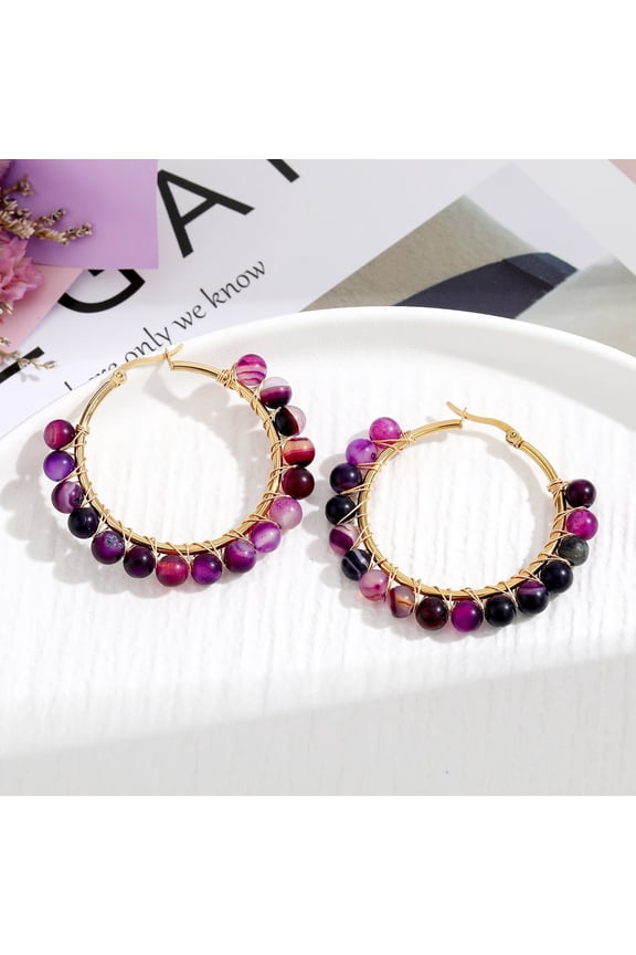personalized natural stone earrings, natural stone stainless steel wire wound earrings, beaded earrings, retro colored earrings (black purple)