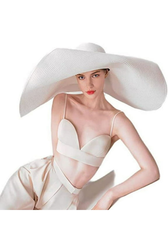 women's oversized beach hat wide brim large sun hat women's soft foldable giant straw hat can be stored UV-resistant summer hat (white)
