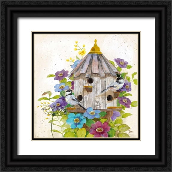 Nan 15x15 Black Ornate Wood Framed with Double Matting Museum Art Print Titled - Chickadees