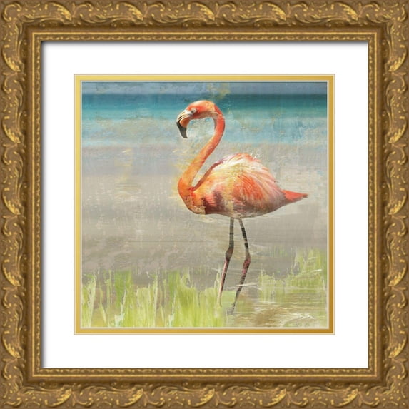 Nan 15x15 Gold Ornate Wood Framed with Double Matting Museum Art Print Titled - Flamingo Fancy II