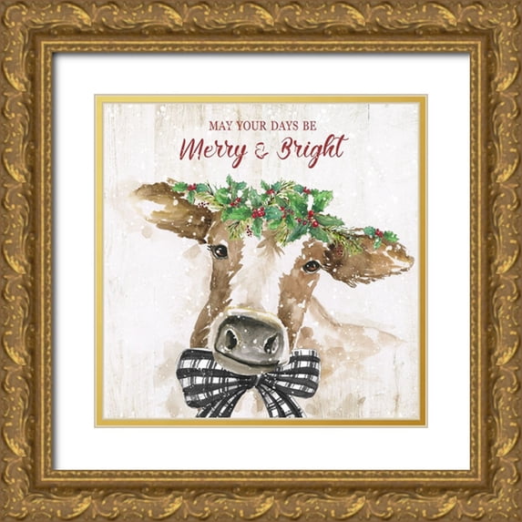 Nan 15x15 Gold Ornate Wood Framed with Double Matting Museum Art Print Titled - Merry and Bright Cow