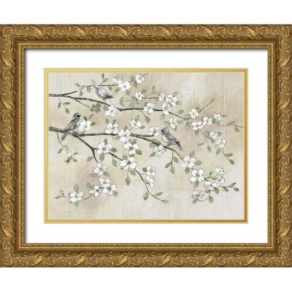 Nan 18x15 Gold Ornate Wood Framed with Double Matting Museum Art Print Titled - Early Birds and Blossoms