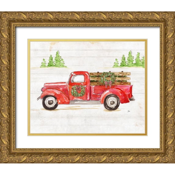 Nan 18x15 Gold Ornate Wood Framed with Double Matting Museum Art Print Titled - Watercolor Winter Truck