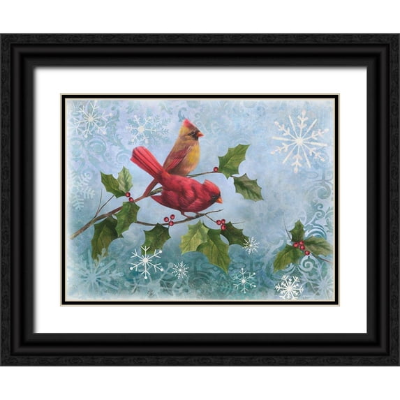 Nan 24x19 Black Ornate Wood Framed with Double Matting Museum Art Print Titled - Winter Cardinal Duet I