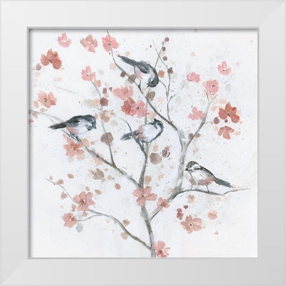 Nan 26x26 White Modern Wood Framed Museum Art Print Titled - Chickadees In Spring II