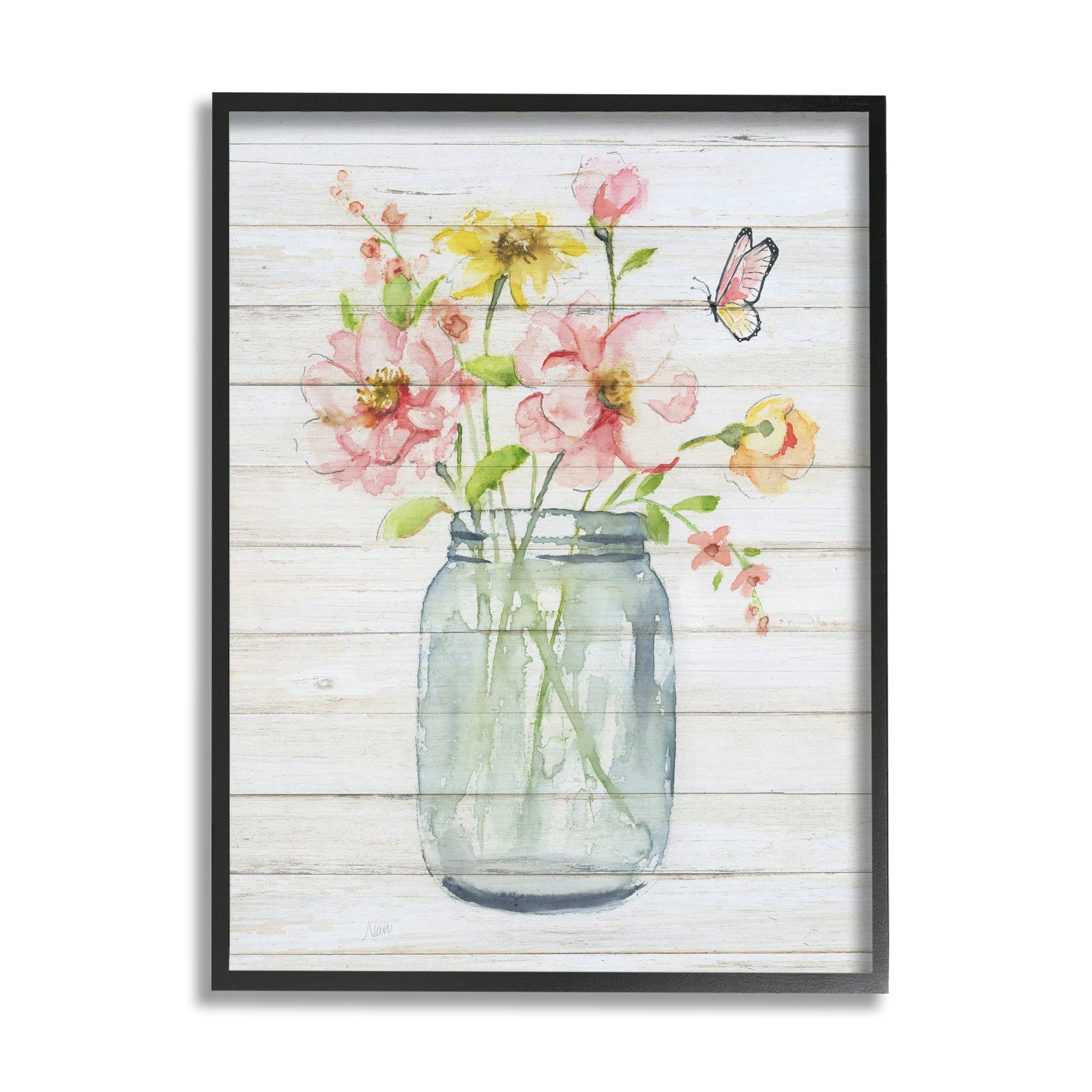 Stupell Industries Spring Wild Flower Assortment Country Mason Jar Butterfly,11 x 14, Design by Nan