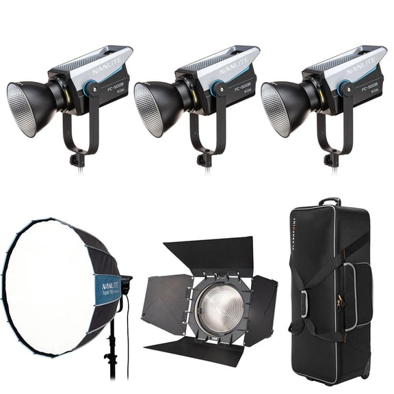 Nanlite FC-500B 520W Bi-Color LED Video 3-Light Kit, Bundle with Rapid 90 Parabolic Softbox, FL-20G Fresnel Lens and CB-06 Wheeled Hard Carrying Case