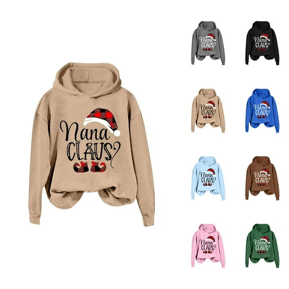 Nana Claus Christmas Hoodies for Women 2025 Long Sleeve Grandma Christmas Hooded Sweatshirt Pullover Tops